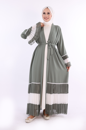 Kol ve Etek Ucu İki Renkli Bel Kuşaklı Piliseli Abaya 7454 Mint 