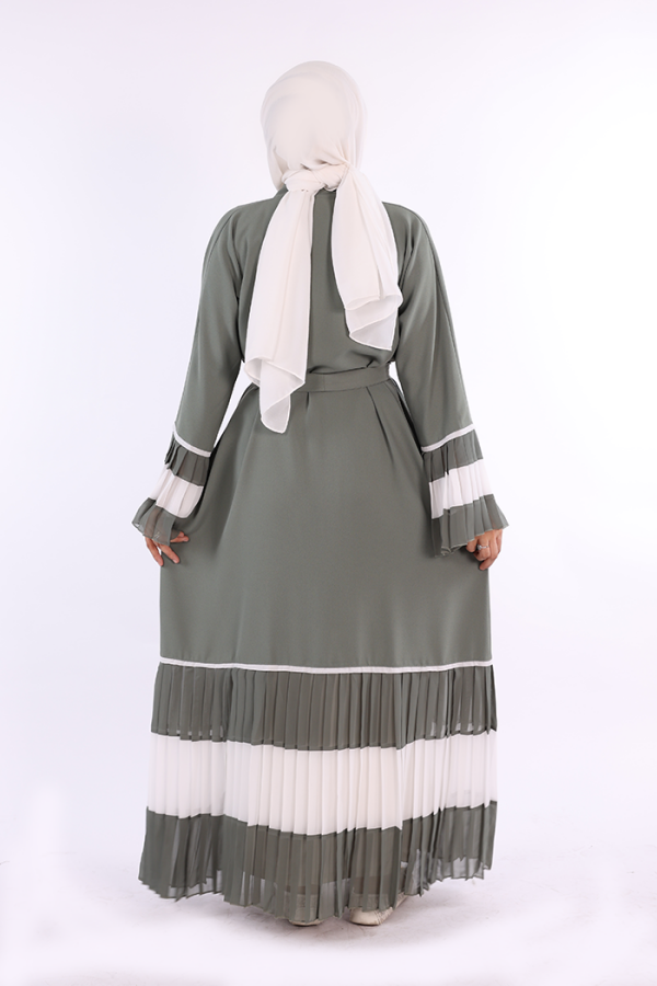 Kol ve Etek Ucu İki Renkli Bel Kuşaklı Piliseli Abaya 7454 Mint - 2