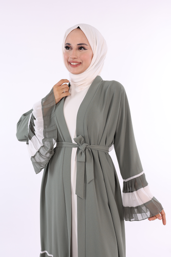 Kol ve Etek Ucu İki Renkli Bel Kuşaklı Piliseli Abaya 7454 Mint - 4