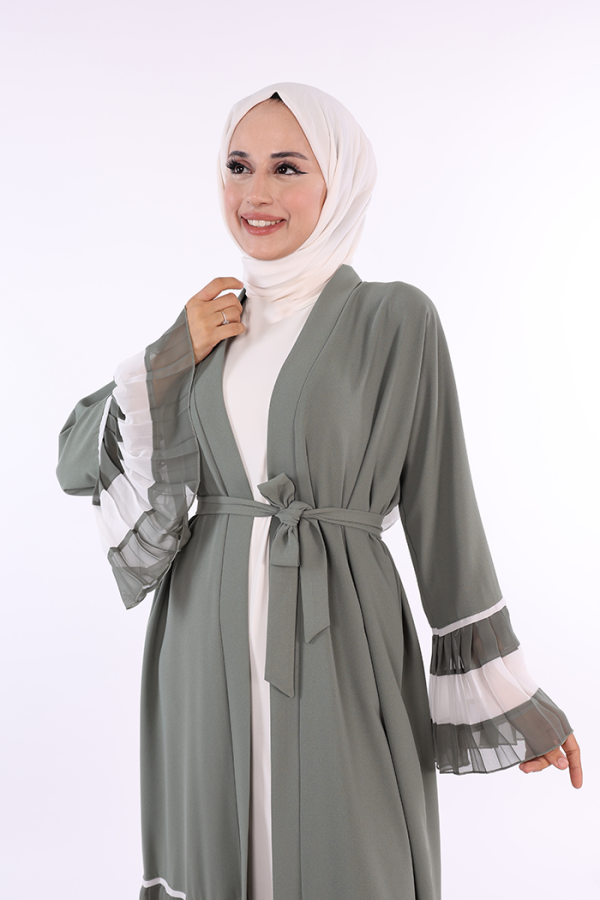 Kol ve Etek Ucu İki Renkli Bel Kuşaklı Piliseli Abaya 7454 Mint - 4