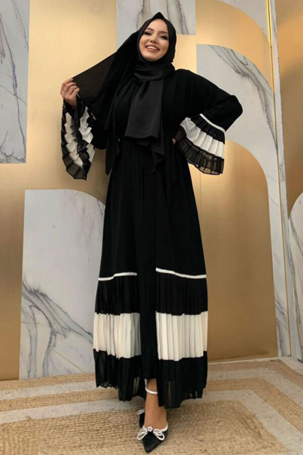 Kol ve Etek Ucu İki Renkli Bel Kuşaklı Piliseli Abaya 7454 Siyah-Beyaz - 6