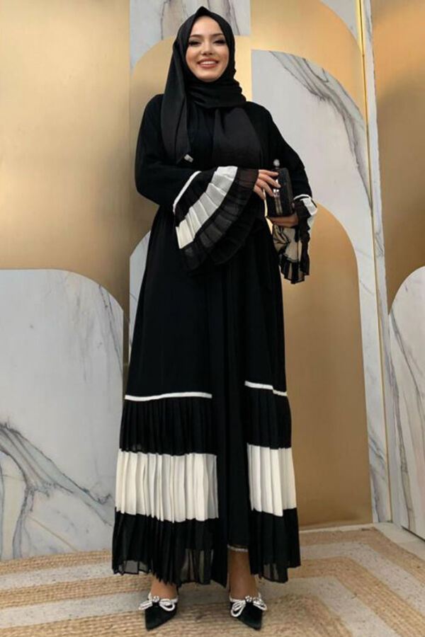Kol ve Etek Ucu İki Renkli Bel Kuşaklı Piliseli Abaya 7454 Siyah-Beyaz - 7