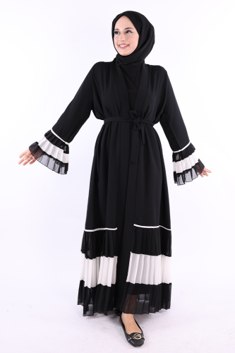 Kol ve Etek Ucu İki Renkli Bel Kuşaklı Piliseli Abaya 7454 Siyah-Beyaz 
