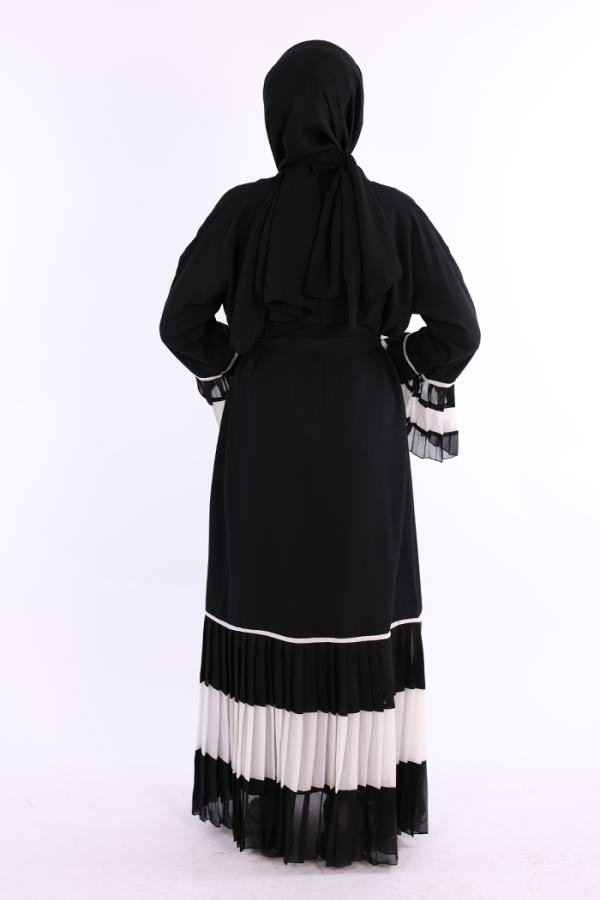 Kol ve Etek Ucu İki Renkli Bel Kuşaklı Piliseli Abaya 7454 Siyah-Beyaz - 2