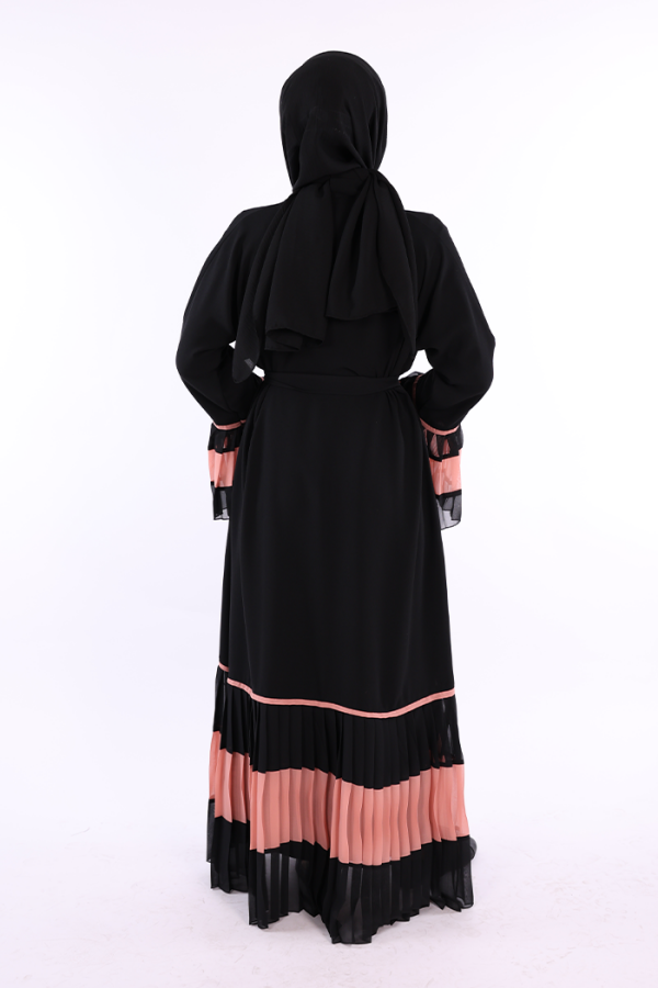 Kol ve Etek Ucu İki Renkli Bel Kuşaklı Piliseli Abaya 7454 Siyah-Pudra - 2
