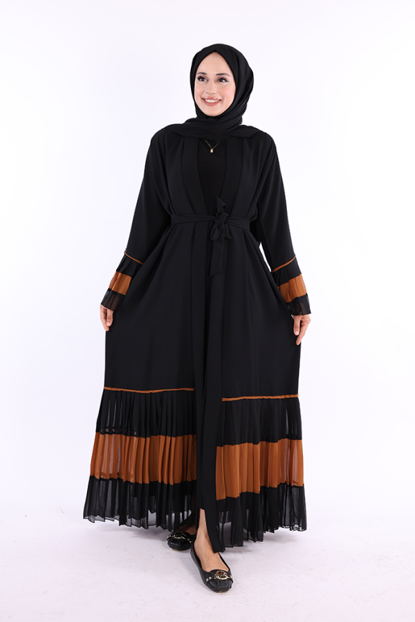 Kol ve Etek Ucu İki Renkli Bel Kuşaklı Piliseli Abaya 7454 Siyah-Taba - 2