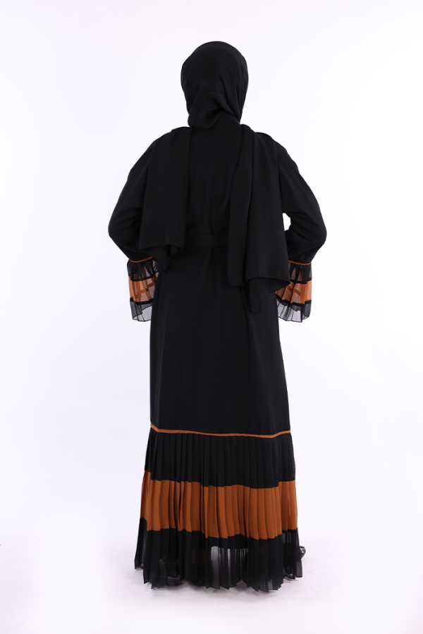 Kol ve Etek Ucu İki Renkli Bel Kuşaklı Piliseli Abaya 7454 Siyah-Taba - 3
