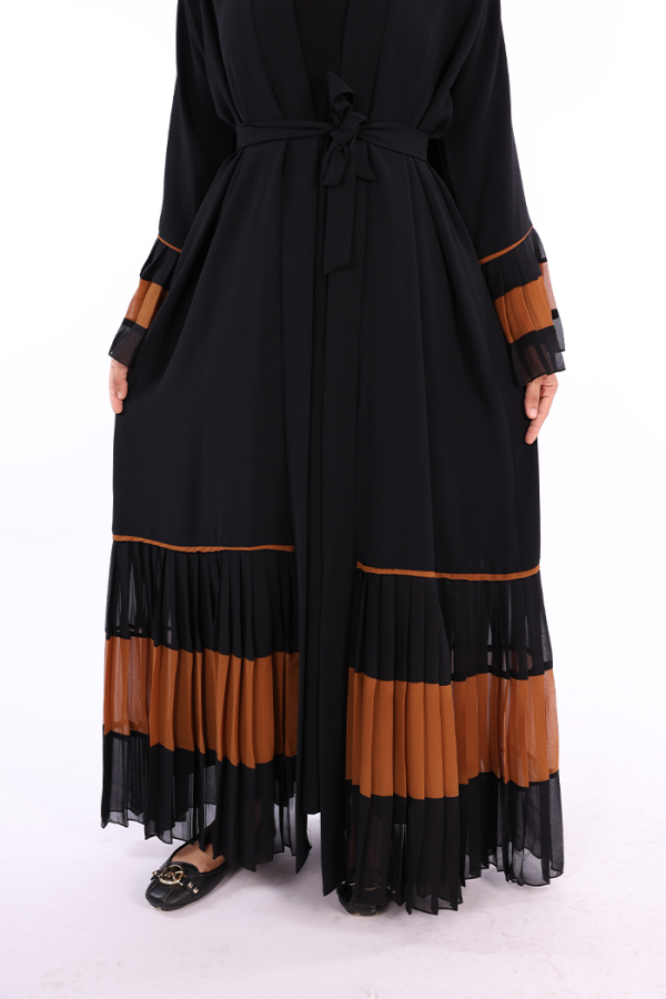 Kol ve Etek Ucu İki Renkli Bel Kuşaklı Piliseli Abaya 7454 Siyah-Taba - 4