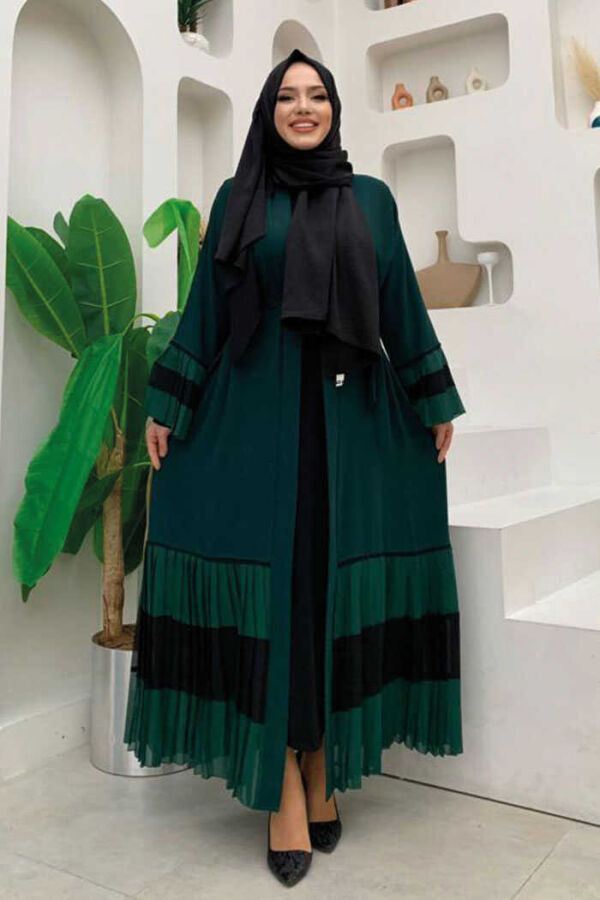 Kol ve Etek Ucu İki Renkli Bel Kuşaklı Piliseli Abaya 7454 Zümrüt - 1