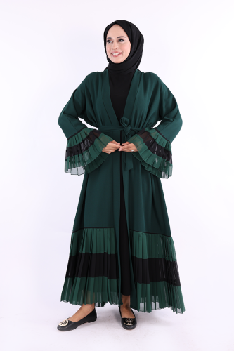 Kol ve Etek Ucu İki Renkli Bel Kuşaklı Piliseli Abaya 7454 Zümrüt 