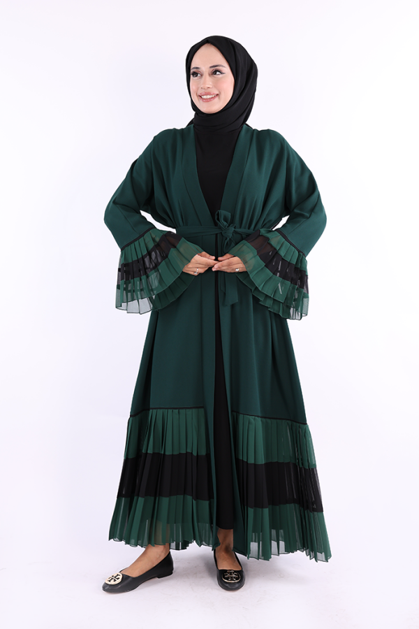 Kol ve Etek Ucu İki Renkli Bel Kuşaklı Piliseli Abaya 7454 Zümrüt - 1
