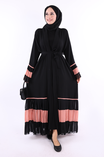 Рукава и подол Bicolor Waist Belted Pleated Abaya 7454 Black-Powder 