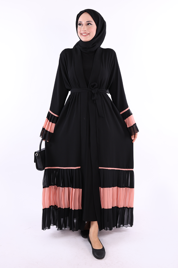 Рукава и подол Bicolor Waist Belted Pleated Abaya 7454 Black-Powder - 1