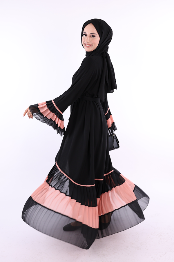 Рукава и подол Bicolor Waist Belted Pleated Abaya 7454 Black-Powder - 3