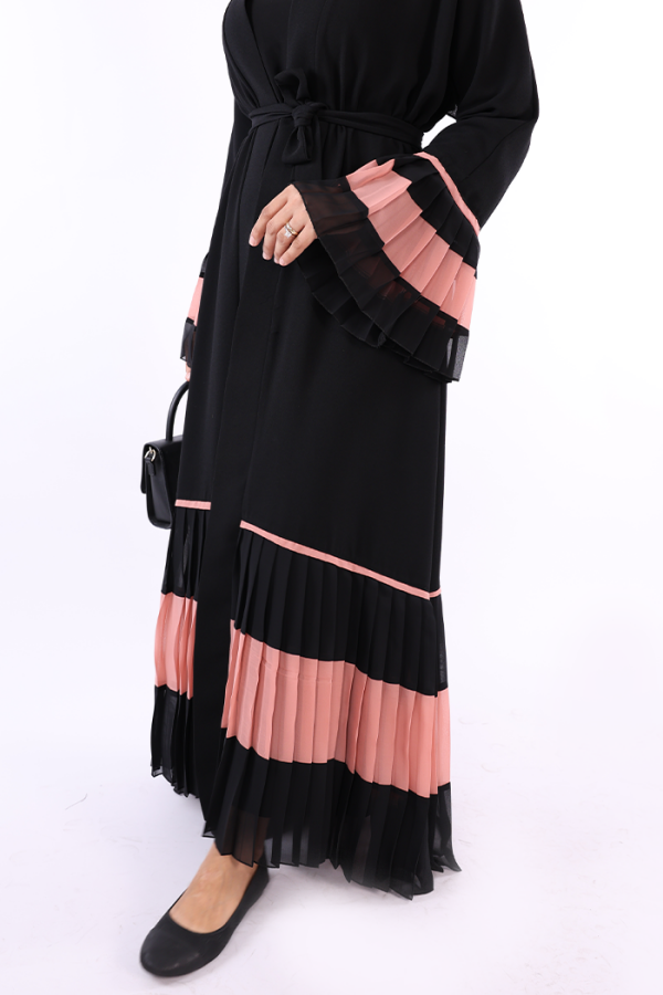 Рукава и подол Bicolor Waist Belted Pleated Abaya 7454 Black-Powder - 4