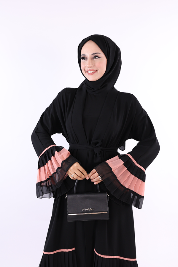 Рукава и подол Bicolor Waist Belted Pleated Abaya 7454 Black-Powder - 5