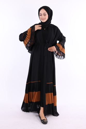 Рукава и подол Bicolor Waist Belted Pleated Abaya 7454 Black-Taba 