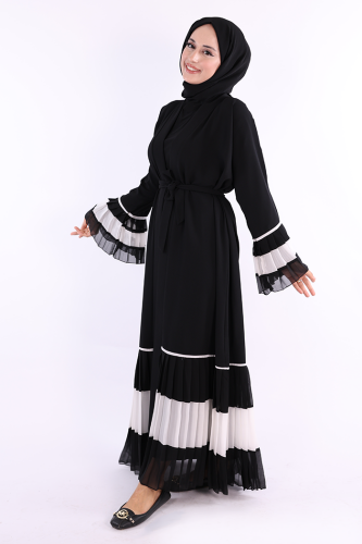 Рукава и подол Bicolor Waist Belted Pleated Abaya 7454 Black-White - 3