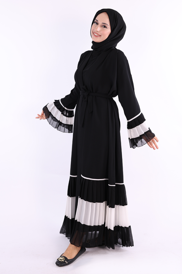 Рукава и подол Bicolor Waist Belted Pleated Abaya 7454 Black-White - 3