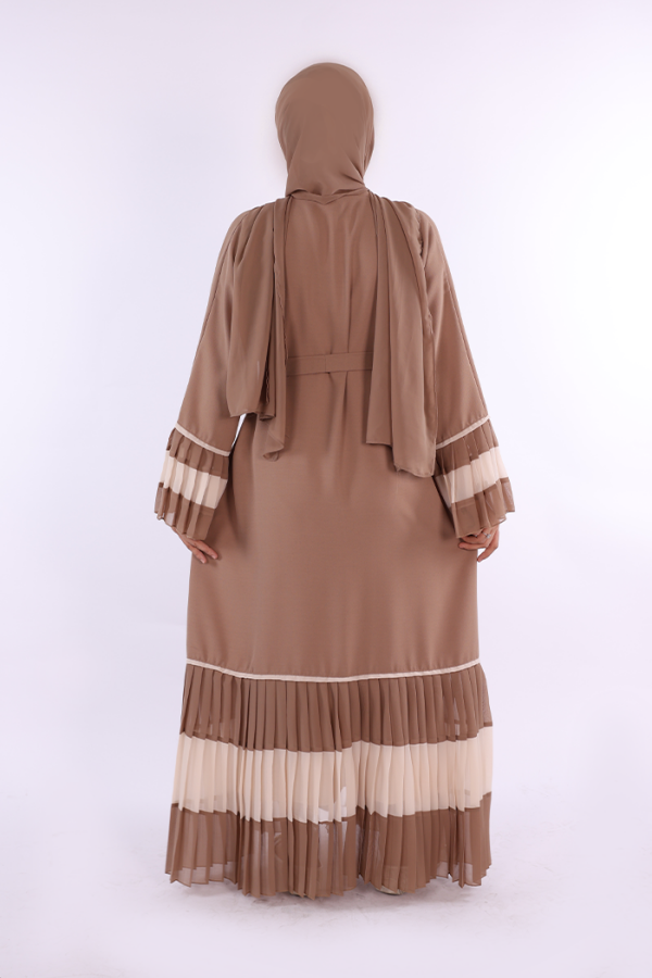 Zweifarbige, plissierte Abaya mit Taillengürtel, Ärmeln und Saum 7454 Nerz - 2