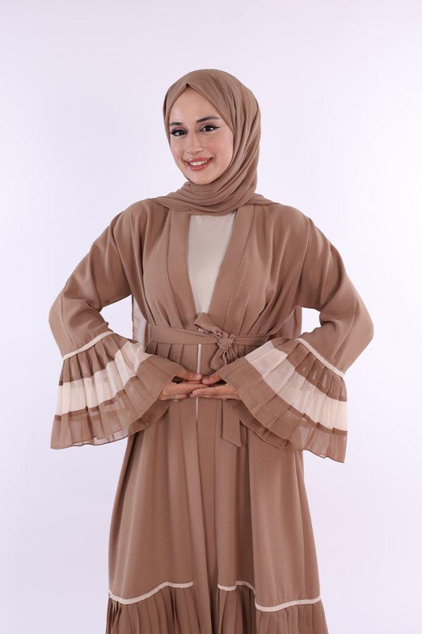 Zweifarbige, plissierte Abaya mit Taillengürtel, Ärmeln und Saum 7454 Nerz - 4