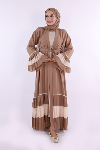 Two Colored Waist Belted Pleated Abaya with Sleeves and Hem 7454 Mink 