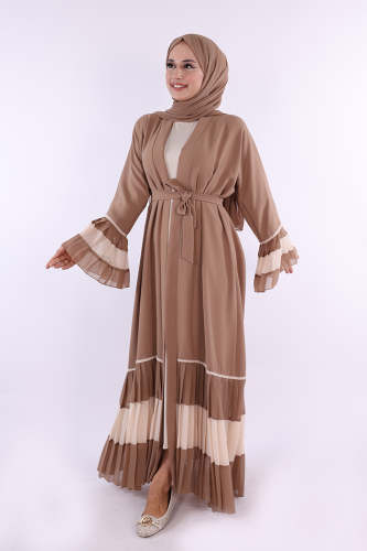Two Colored Waist Belted Pleated Abaya with Sleeves and Hem 7454 Mink - 3