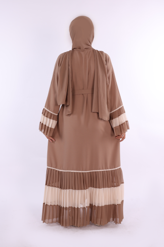 Two Colored Waist Belted Pleated Abaya with Sleeves and Hem 7454 Mink - 2