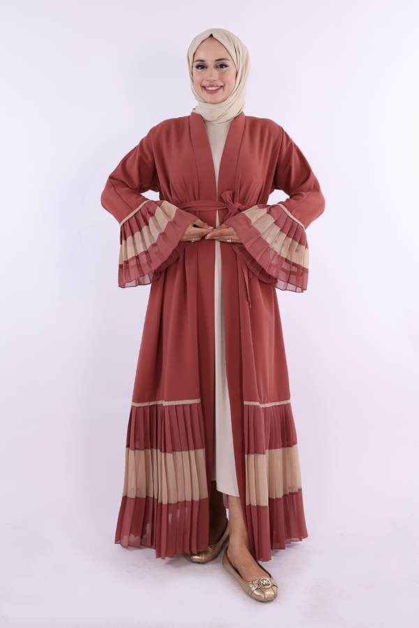 Two-tone Waist Belted Pleated Abaya with Sleeves and Hem 7454 Dried Rose - 1