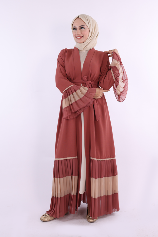 Two-tone Waist Belted Pleated Abaya with Sleeves and Hem 7454 Dried Rose - 3