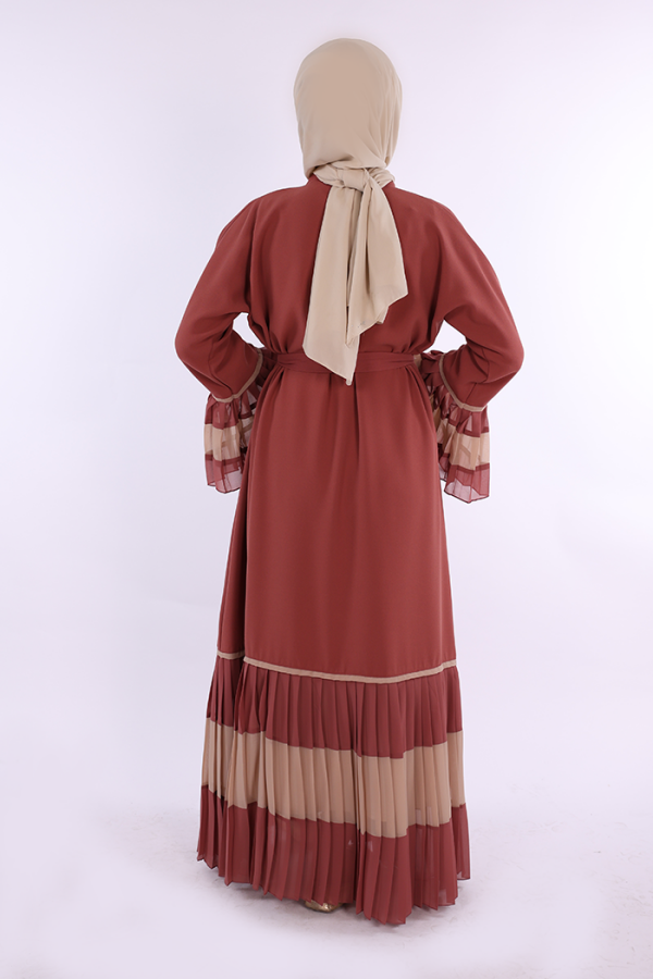 Two-tone Waist Belted Pleated Abaya with Sleeves and Hem 7454 Dried Rose - 2