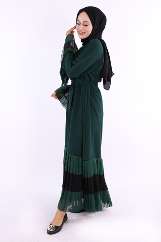 Two-tone Waist Belted Pleated Abaya with Sleeves and Hem 7454 Emerald - 3