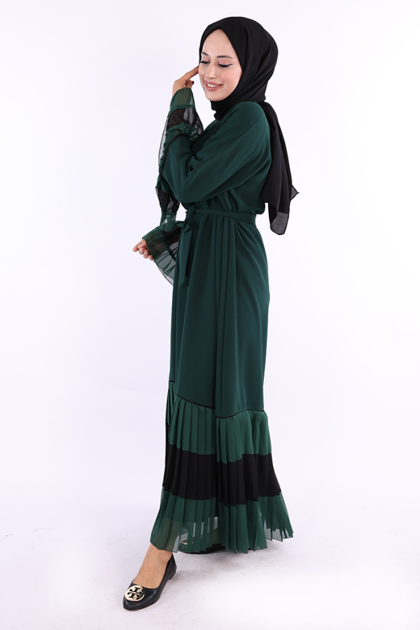 Two-tone Waist Belted Pleated Abaya with Sleeves and Hem 7454 Emerald - 3