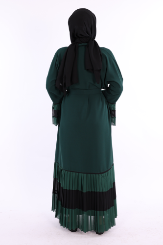 Two-tone Waist Belted Pleated Abaya with Sleeves and Hem 7454 Emerald - 2