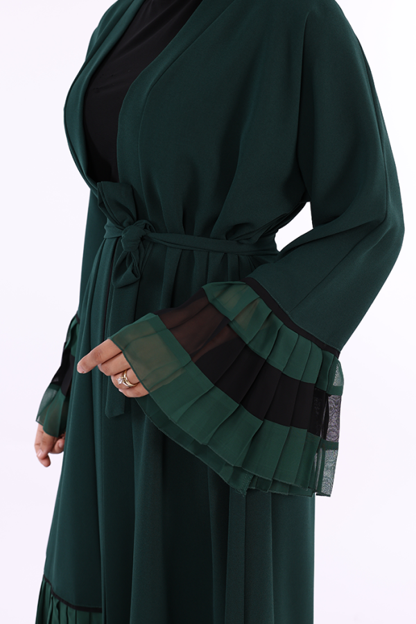 Two-tone Waist Belted Pleated Abaya with Sleeves and Hem 7454 Emerald - 4