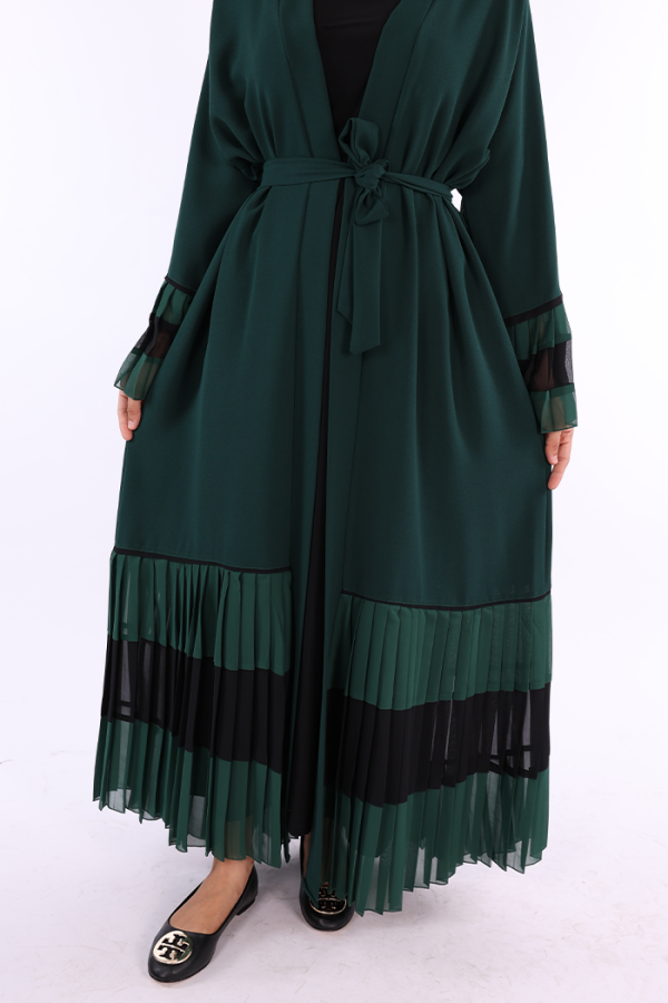 Two-tone Waist Belted Pleated Abaya with Sleeves and Hem 7454 Emerald - 5