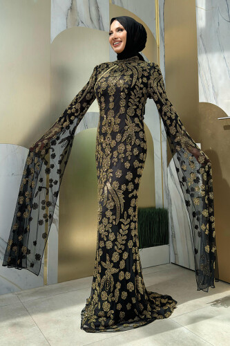 Taş İşleme Detaylı Yarasakollu Abiye Elbise 7492 Gold - 3