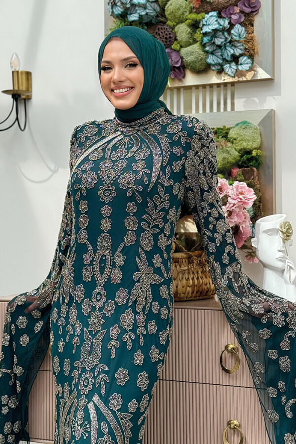 Taş İşleme Detaylı Yarasakollu Abiye Elbise 7492 Zümrüt - 4