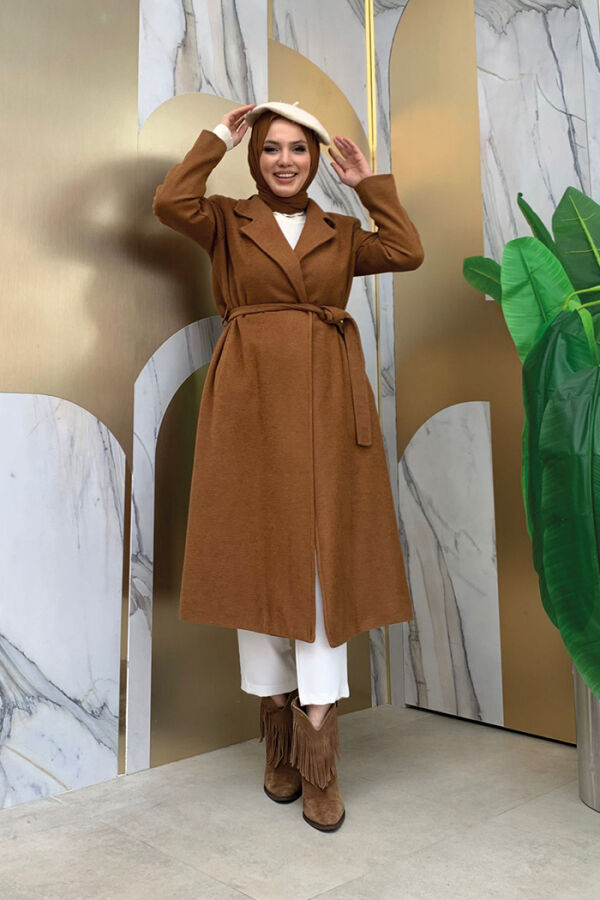 Bel Kuşaklı Astarlı Kaşe Kaban 7519 Taba - 5