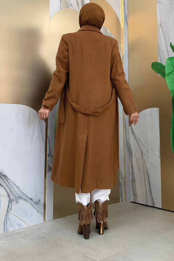 Bel Kuşaklı Astarlı Kaşe Kaban 7519 Taba - 7