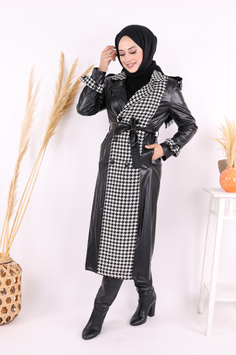 Ön Düğmeli Kuşaklı Ekose Deri Kap 7530 Siyah - 3