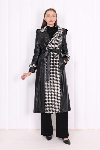 Ön Düğmeli Kuşaklı Ekose Deri Kap 7530 Siyah - Bym Fashion