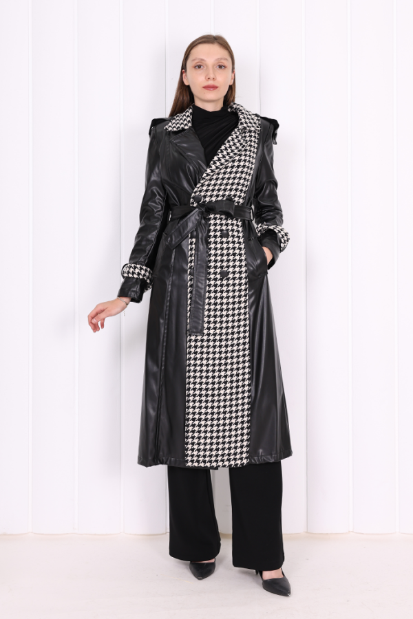 Ön Düğmeli Kuşaklı Ekose Deri Kap 7530 Siyah - 1