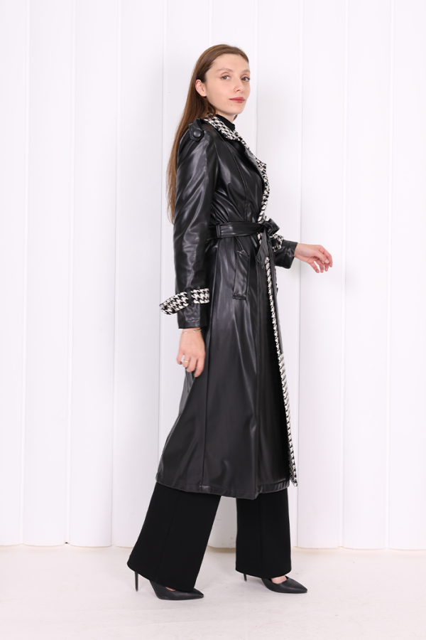 Ön Düğmeli Kuşaklı Ekose Deri Kap 7530 Siyah - 4