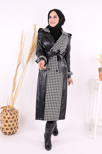 Ön Düğmeli Kuşaklı Ekose Deri Kap 7530 Siyah - 2