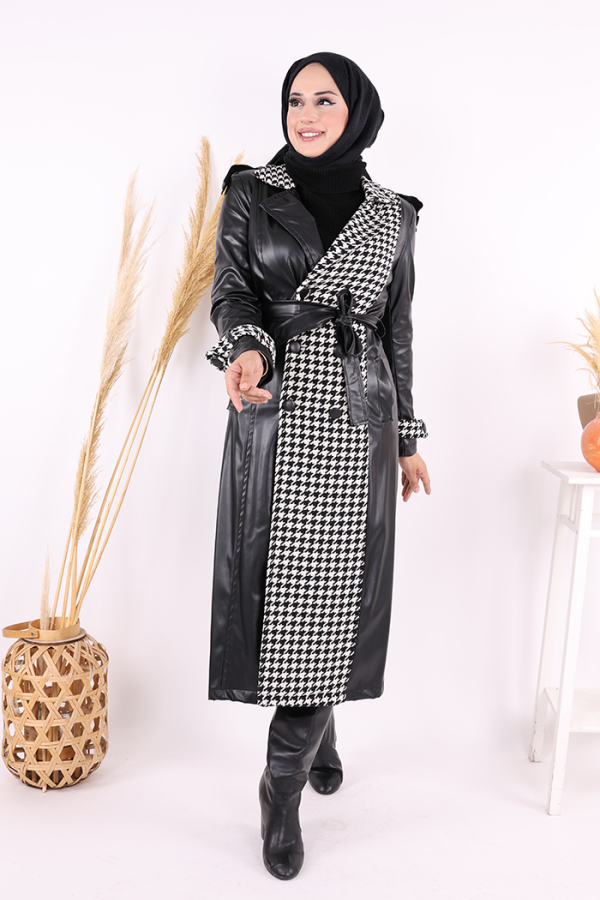 Ön Düğmeli Kuşaklı Ekose Deri Kap 7530 Siyah - 2