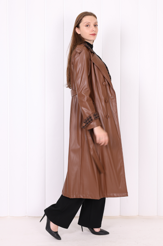 Ön Düğmeli Kuşaklı Ekose Deri Kap 7530 Taba - Bym Fashion