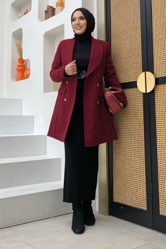 Gefütterte Jacke mit Taschenoptik und Knopfdetail vorne, 7660 Weinrot - 5