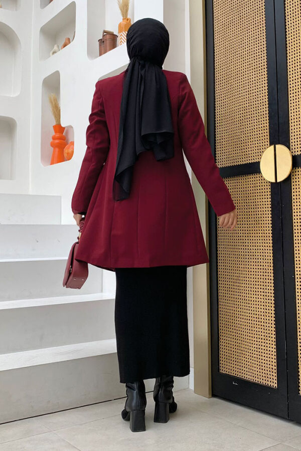 Pocket Look Front Button Detail Lined Jacket 7660 Claret Red - 7