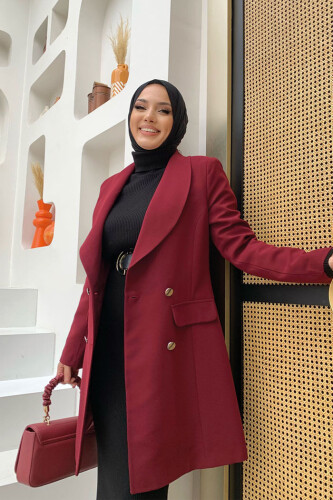 Pocket Look Front Button Detail Lined Jacket 7660 Claret Red - 8